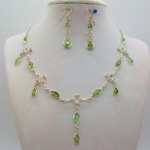 Art Deco Green Bead Charm Silver Plated Scroll Necklace Matching Earrings Set